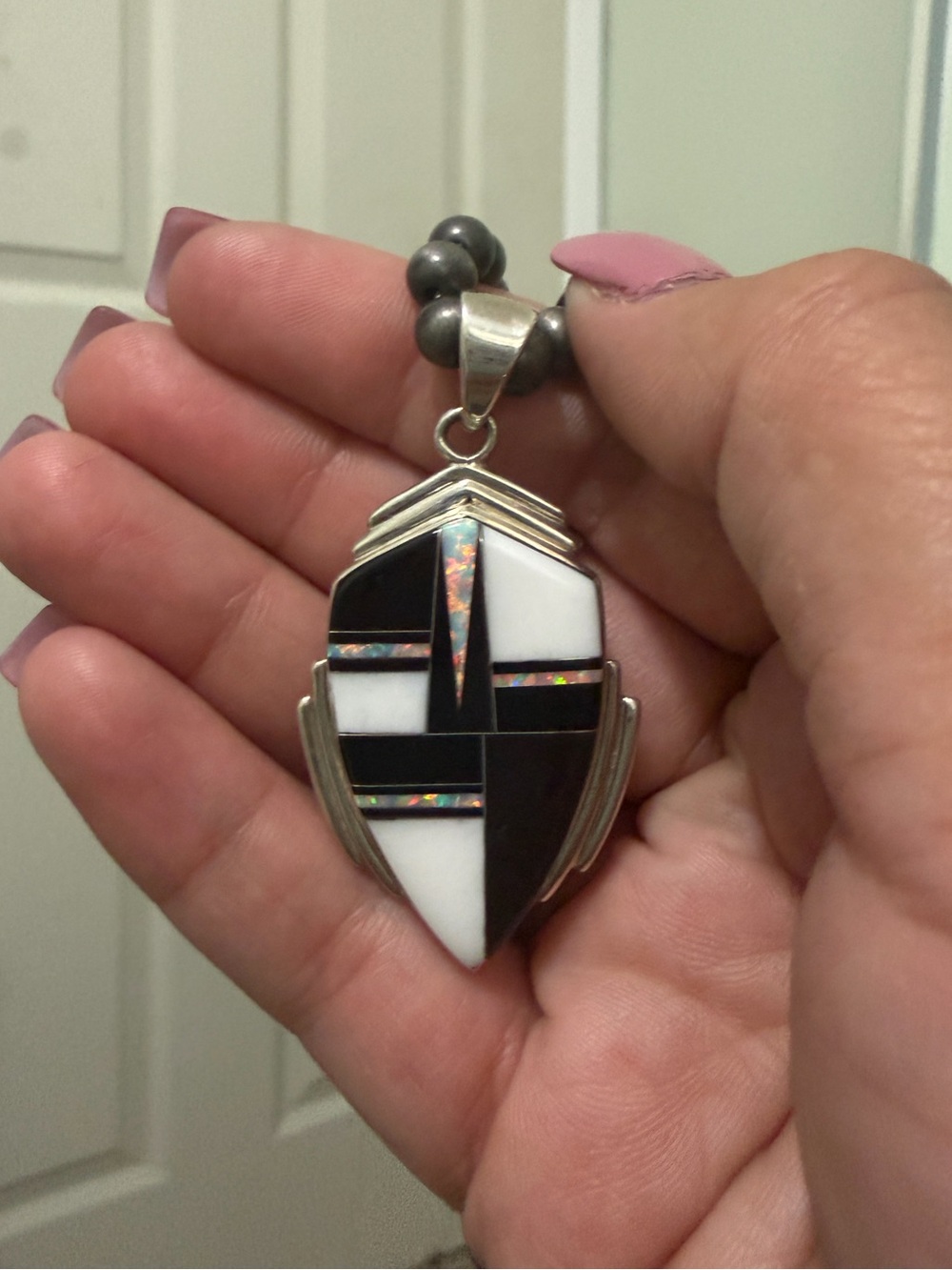Native Navajo 925 Sterling Silver Black & White Inlay Pendant with Opal Accent